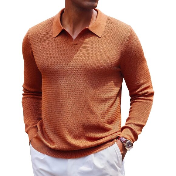Men's Knit Polo Sweater V-Neck Long Sleeve Dress Pullover Sweater Light Brown - Picture 1 of 5